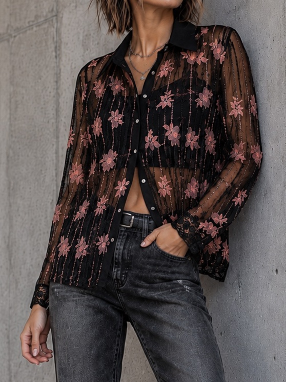 Black Sheer Mesh Floral Embroidered Sequin Blouse, medium to large